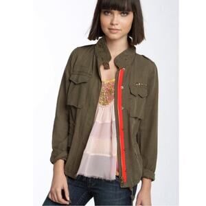 Free People | Utility Military Jacket Studded Zip Front Boho Olive Green Size 6